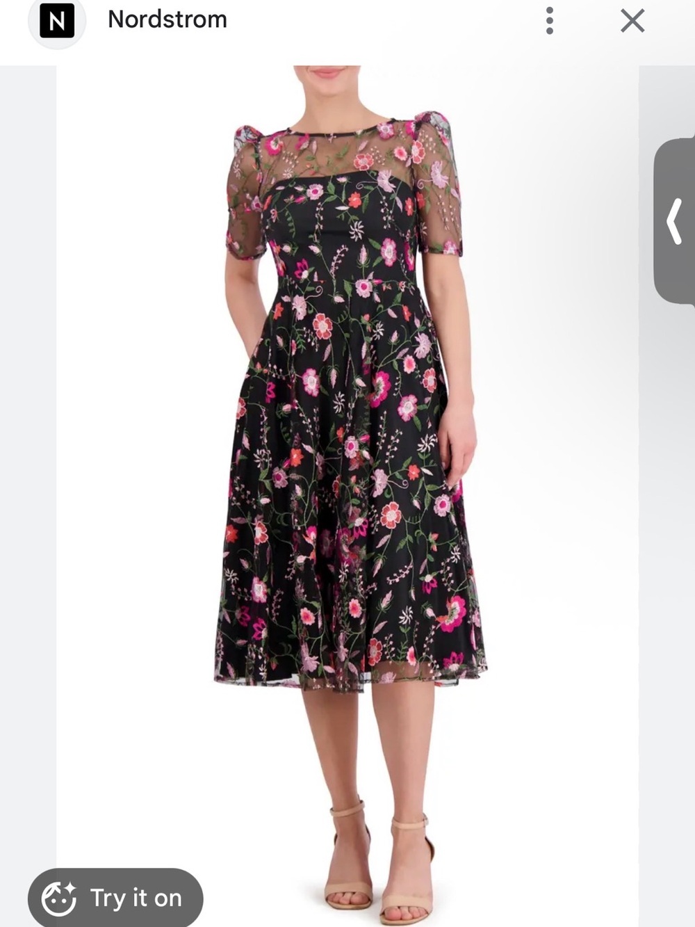 Eliza J Black Floral Embroidered Mesh Midi Dress
